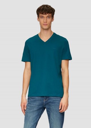 s.Oliver T-Shirt mit V-Ausschnitt und Logo-Print - petrol