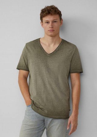 s.Oliver Gewaschenes T-Shirt mit Rollkante in Melange-Optik - olivgrün