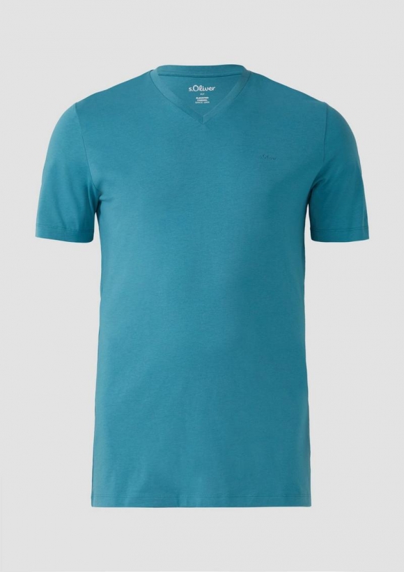 s.Oliver Jersey-T-Shirt mit V-Ausschnitt und Logo - helles petrol