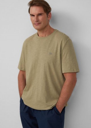 s.Oliver T-Shirt mit Flammgarnstruktur und Logo-Print - olivgrün