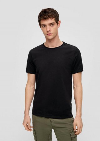 s.Oliver Baumwollshirt mit Rollkante und Flammgarnstruktur - schwarz
