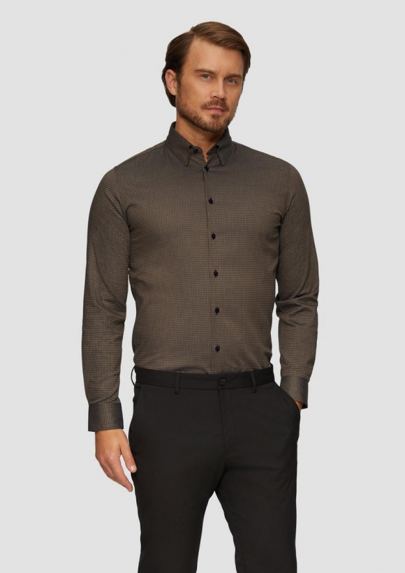 s.Oliver Tailored Fit: Hemd mit Hahnentrittmuster - cognac