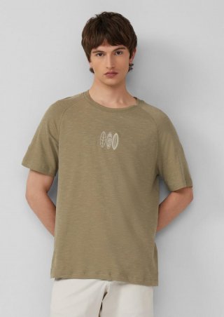s.Oliver Raglan-T-Shirt mit Flammgarnstruktur und Stickerei - olivgrün