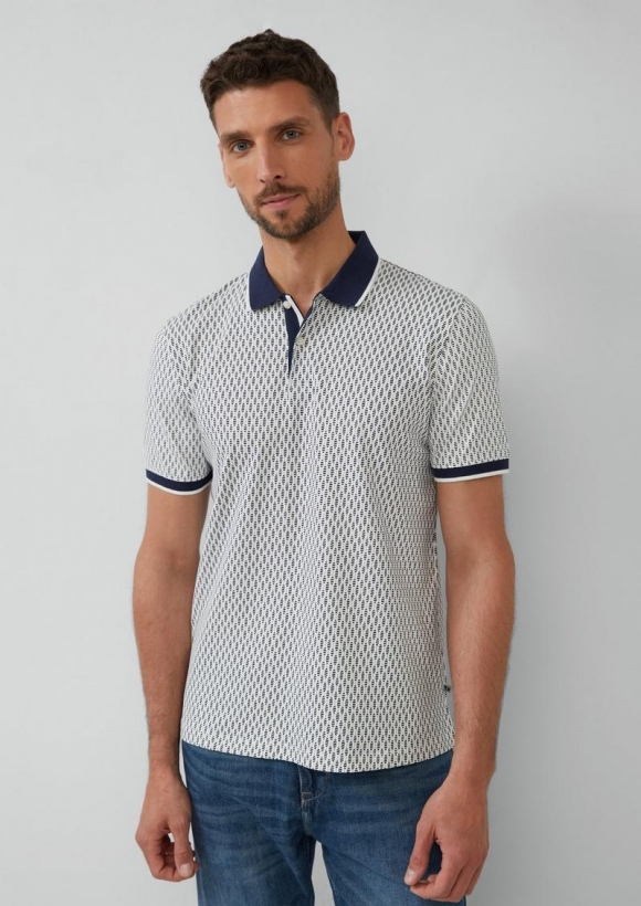 s.Oliver Piqué-Poloshirt mit Print und Kontrast-Details - weiß