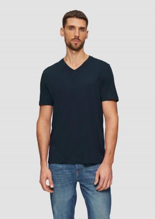 s.Oliver T-Shirt mit V-Ausschnitt und Logo-Print - navy