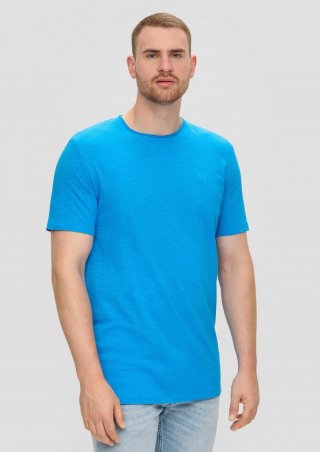 s.Oliver Baumwoll-T-Shirt mit Flammgarn-Struktur und Logo-Detail - azurblau