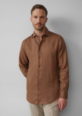 s.Oliver Tailored Fit: Langarmhemd aus Leinen mit elegantem Glanz - sandstein