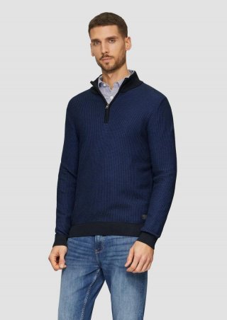 s.Oliver Strickpullover mit Troyer-Kragen und Bi-Color-Struktur - navy