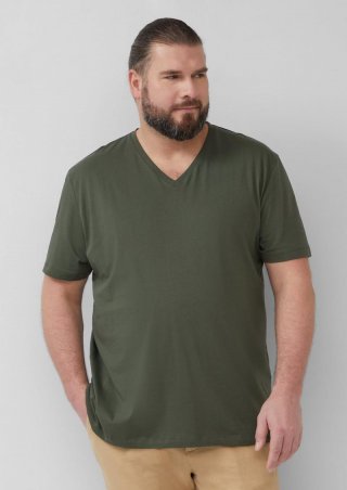 s.Oliver Jersey-T-Shirt mit V-Ausschnitt und Logo - olivgrün