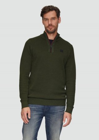 s.Oliver Strickpullover mit Troyer-Kragen und Strukturmix - olivgrün