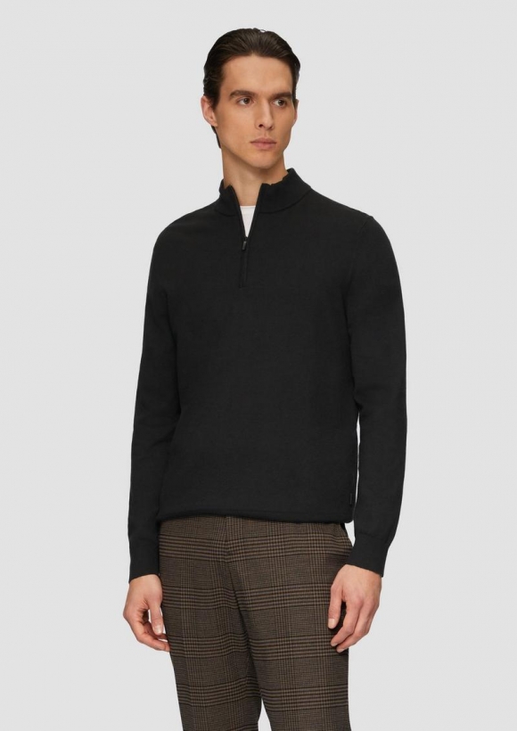 s.Oliver Strickpullover mit Troyer-Kragen und Seide - schwarz