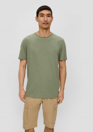 s.Oliver T-Shirt mit Flammgarn-Struktur und Logo-Print - olivgrün