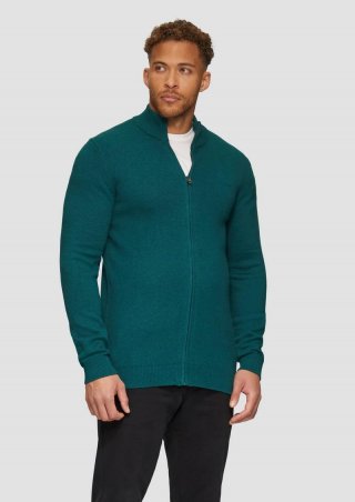 s.Oliver Strickjacke mit Stehkragen und Logo-Detail - petrol