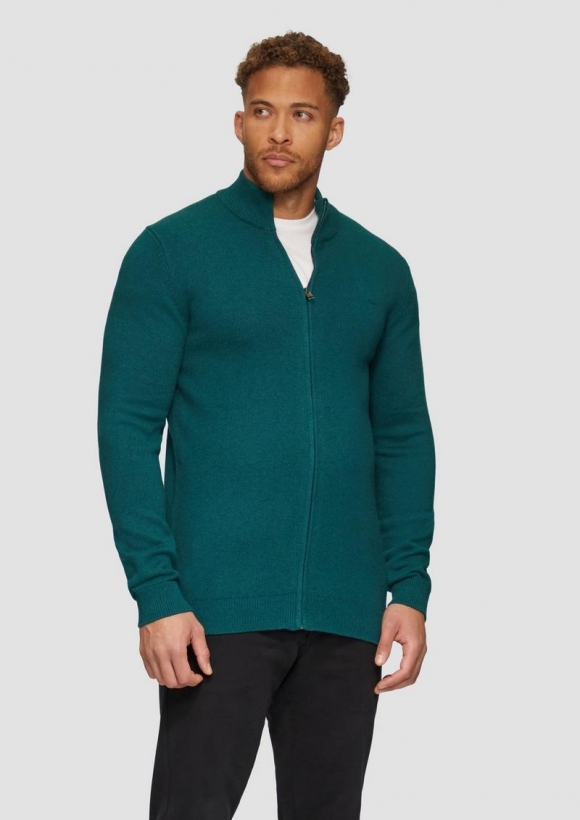 s.Oliver Strickjacke mit Stehkragen und Logo-Detail - petrol