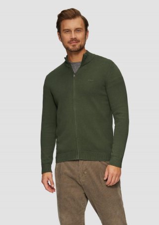 s.Oliver Strickjacke mit Stehkragen und Logo-Detail - olivgrün
