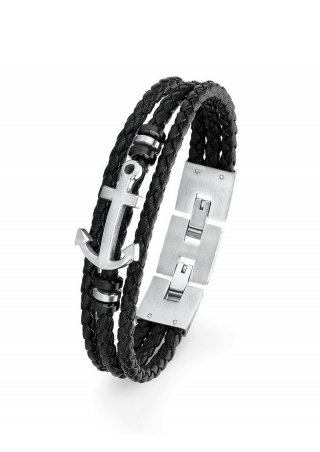 s.Oliver Leder-Armband mit Edelstahl-Anker - schwarz