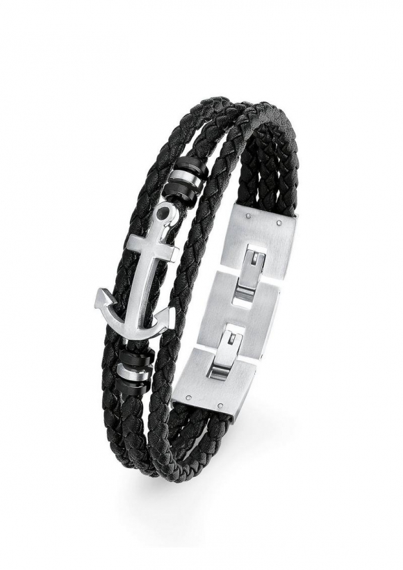 s.Oliver Leder-Armband mit Edelstahl-Anker - schwarz