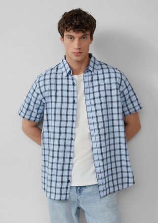 s.Oliver Regular Fit: Kariertes Kurzarmhemd mit Struktur - himmelblau