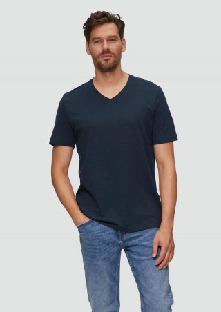 s.Oliver Baumwollshirt mit V-Ausschnitt und Flammgarnstruktur - navy