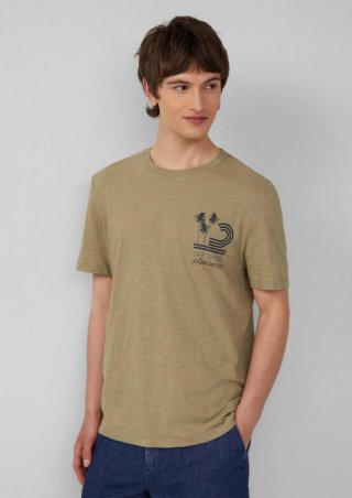 s.Oliver Baumwoll-T-Shirt mit Frontprint und Flammgarnstruktur - helles olivgrün