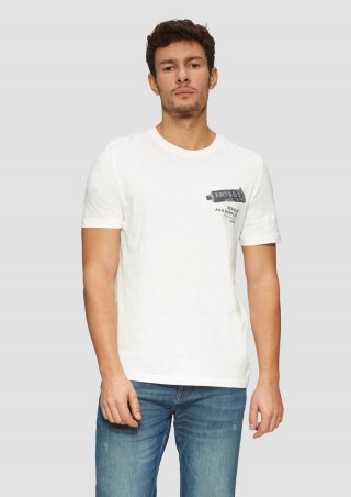 s.Oliver Baumwoll-T-Shirt mit Frontprint und Flammgarnstruktur - weiß