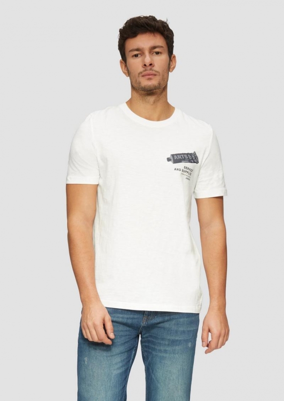 s.Oliver Baumwoll-T-Shirt mit Frontprint und Flammgarnstruktur - weiß