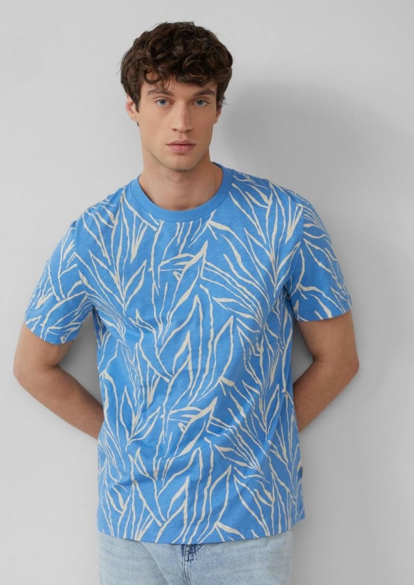 s.Oliver Baumwollshirt mit Print und Flammgarnstruktur - royalblau