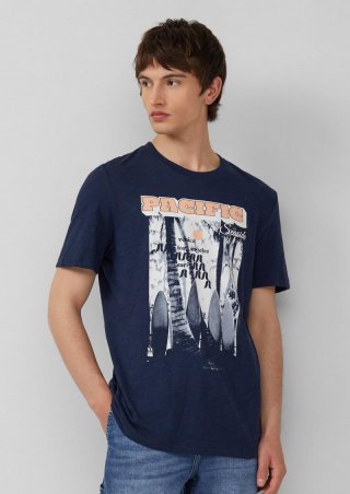 s.Oliver Baumwoll-T-Shirt mit Frontprint und Flammgarnstruktur - tiefblau
