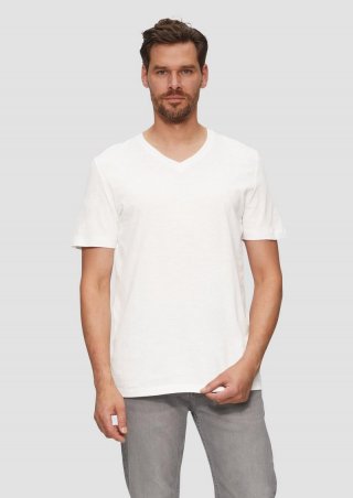 s.Oliver Baumwollshirt mit V-Ausschnitt und Flammgarnstruktur - weiß