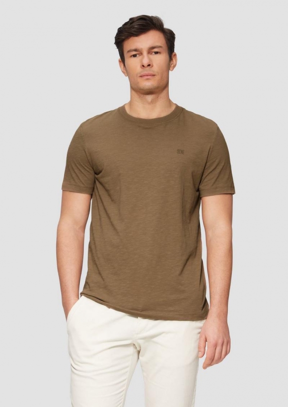 s.Oliver T-Shirt mit Flammgarnstruktur und Logo-Print - sandstein