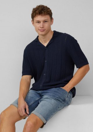 s.Oliver Regular Fit: Gestricktes Resorthemd mit Struktur - tiefblau