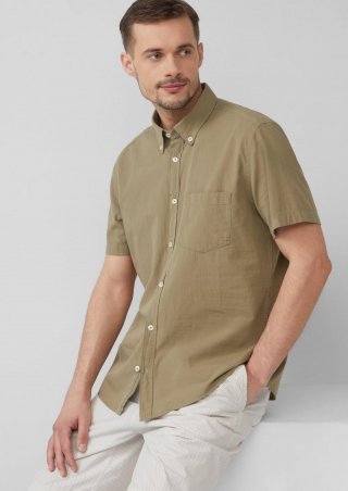 s.Oliver Regular Fit: Kurzarmhemd mit Struktur-Streifen und Button-Down-Kragen - olivgrün