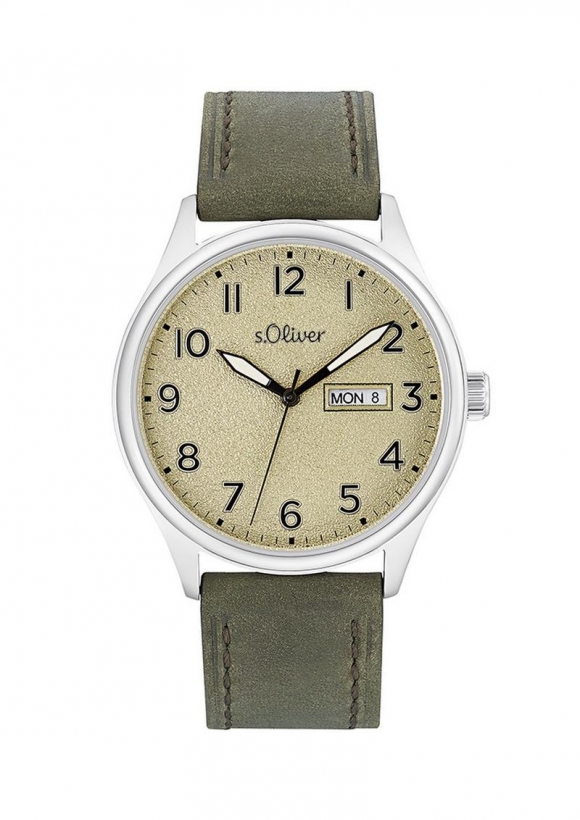 s.Oliver Edelstahluhr mit Lederarmband - olivgrün
