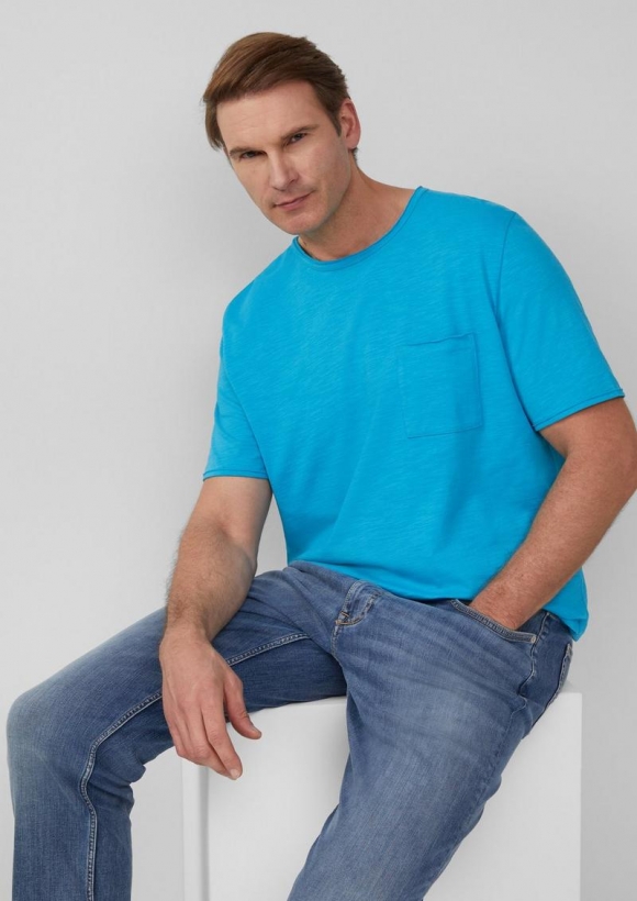 s.Oliver Flammgarn-T-Shirt mit Brusttasche und offenen Kanten - türkis