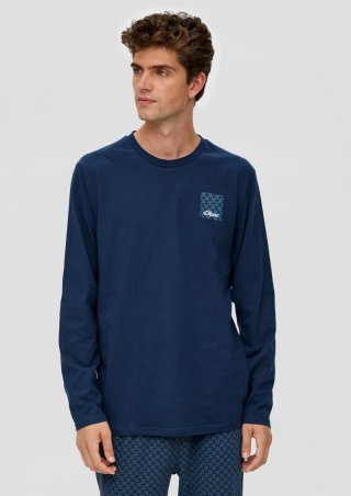 s.Oliver Langes Pyjama-Shirt mit Logoprint - tiefblau