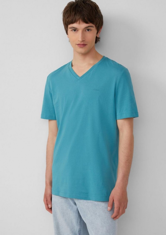 s.Oliver Jersey-T-Shirt mit V-Ausschnitt und Logo - helles petrol