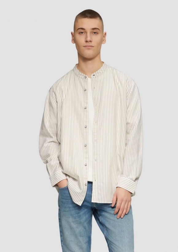 s.Oliver Regular Fit: Stehkragenhemd aus gestreiftem Oxford - beige