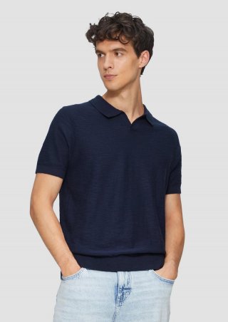 s.Oliver Gestricktes Poloshirt mit Flammgarnstruktur - tiefblau