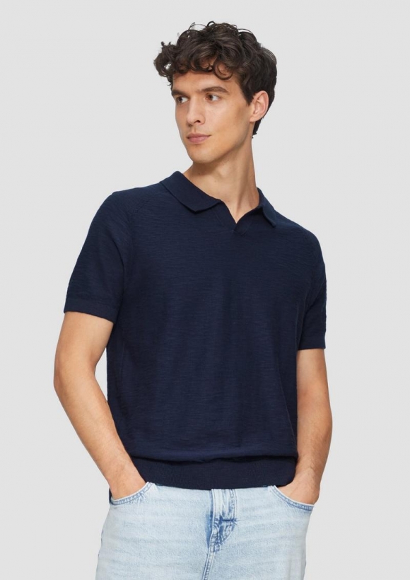 s.Oliver Gestricktes Poloshirt mit Flammgarnstruktur - tiefblau