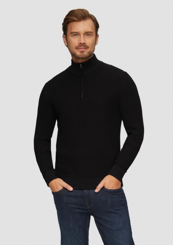 s.Oliver Strukturierter Strickpullover mit Troyerkragen - schwarz