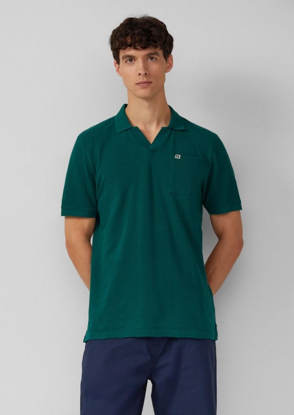 s.Oliver Poloshirt mit Struktur-Streifen und offenem Kragen - tannengrün