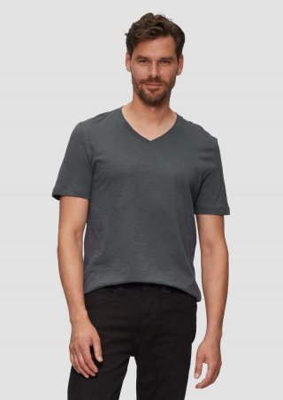 s.Oliver Baumwollshirt mit V-Ausschnitt und Flammgarnstruktur - schiefergrau