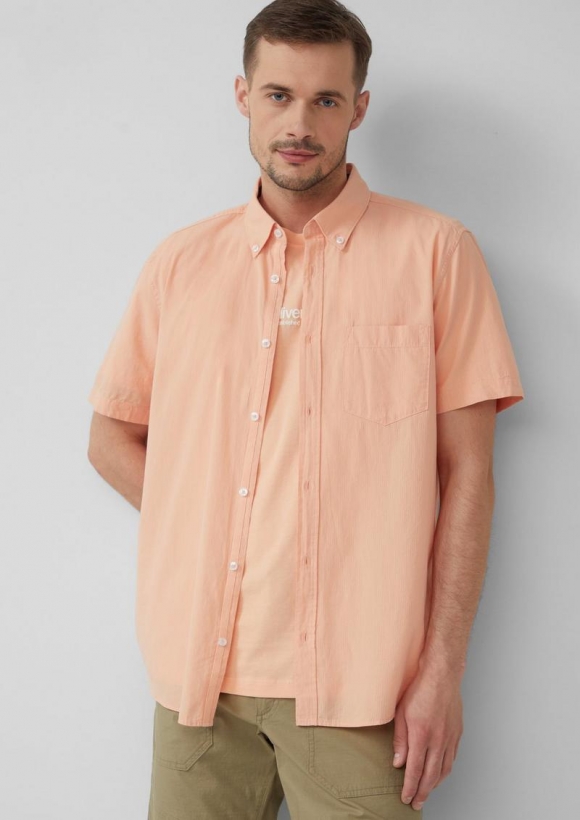 s.Oliver Regular Fit: Kurzarmhemd mit Struktur-Streifen und Button-Down-Kragen - papaya