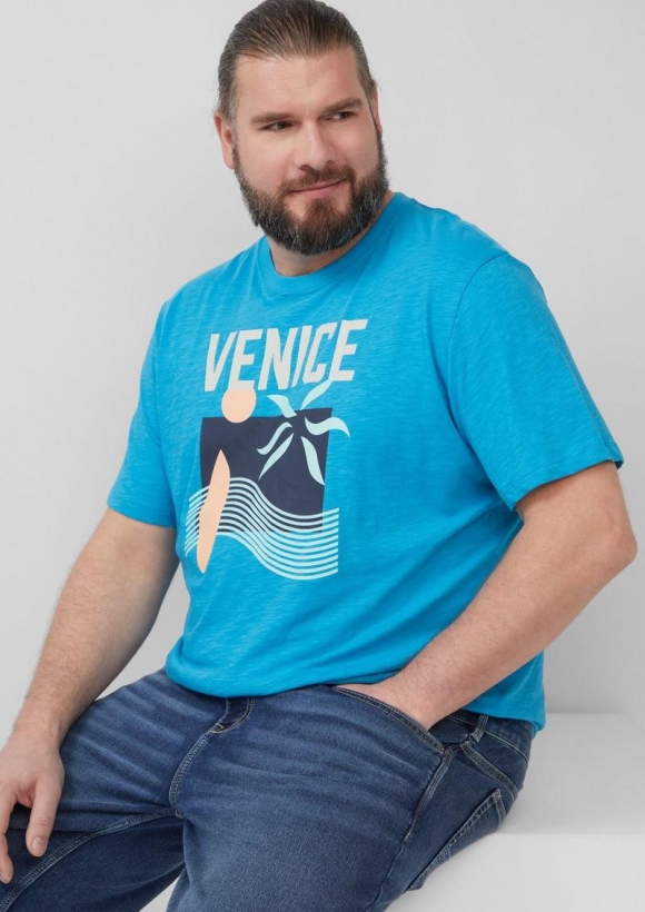 s.Oliver Baumwoll-T-Shirt mit Frontprint und Flammgarnstruktur - türkis