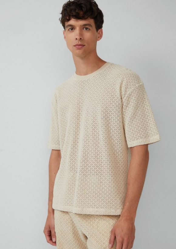s.Oliver Häkel-T-Shirt im Relaxed Fit aus Baumwolle - helles sand