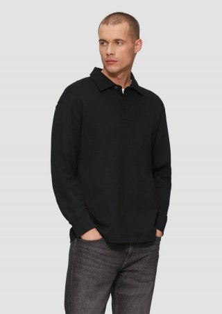s.Oliver Strukturiertes Langarm-Poloshirt im Relaxed Fit - schwarz