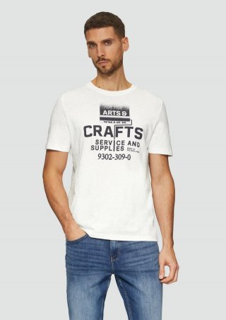 s.Oliver Baumwoll-T-Shirt mit Frontprint und Flammgarnstruktur - weiß