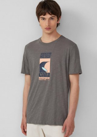 s.Oliver Baumwoll-T-Shirt mit Frontprint und Flammgarnstruktur - grau meliert