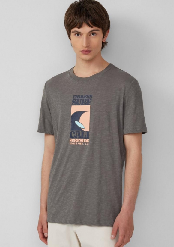 s.Oliver Baumwoll-T-Shirt mit Frontprint und Flammgarnstruktur - grau meliert