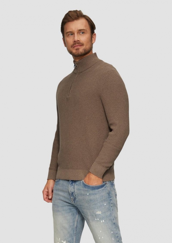 s.Oliver Strukturierter Strickpullover mit Troyerkragen - cognac